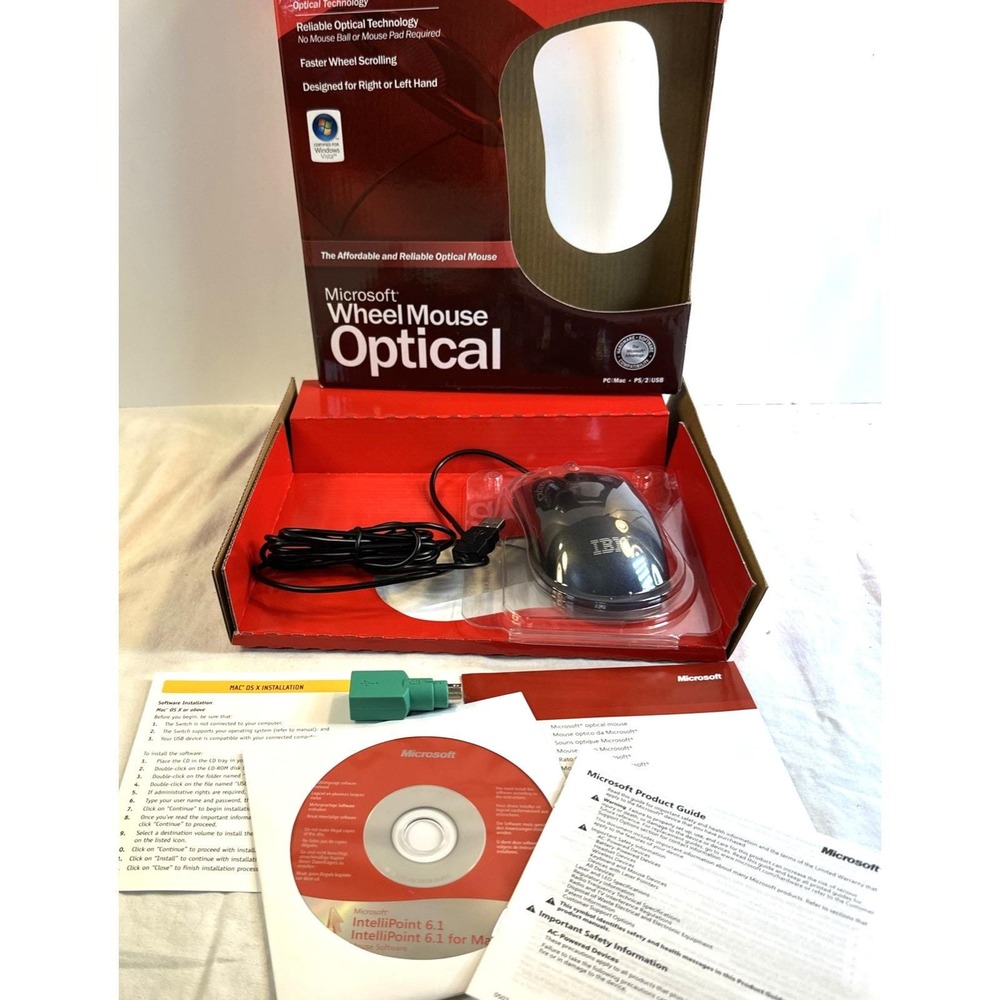 Vintage IBM Microsoft Wheel Mouse Optical Black D66-00069 Sealed Clamshell CIB